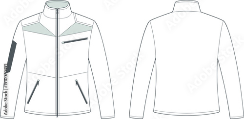 Technical flat sketch of modern zip-up jacket with stand collar, geometric panel design, zipper pockets, contrast sleeve detail, front and back views, vector template