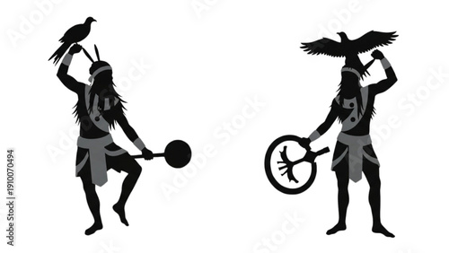 Stylized vector art of indigenous figures holding birds of prey, representing ancient culture and spiritual strength