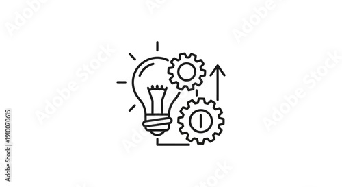 Light bulb with gears and upward arrow icon representing innovation and progress.