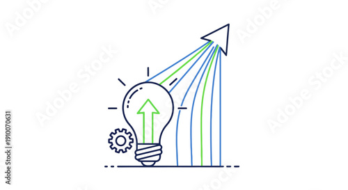 Light bulb with upward arrow and gears symbolizing innovation and growth.