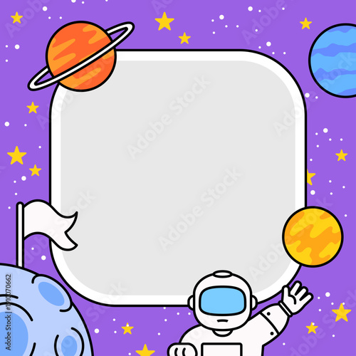 Cute outer space background with astronaut, planets, stars and large blank frame for text. perfect for kids party invitation, education poster, nursery design and space themed templates.