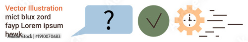 Communication, problem-solving, workflow optimization, project management, verification, speed enhancement. Speech bubble with question mark, checkmark gear and speed lines. Communication