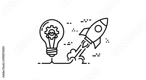 Lightbulb with gear inside connected to a launching rocket ship.