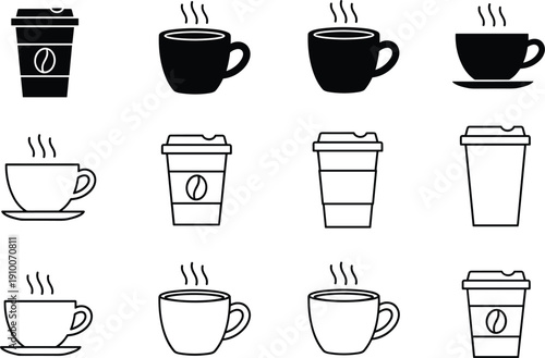 Coffee cup icon set with hot beverage mugs takeaway cups and cafe drink silhouettes collection