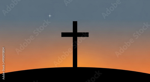 Silhouette of a Christian cross on a hill at sunset symbolizing faith and hope with a star in the twilight sky