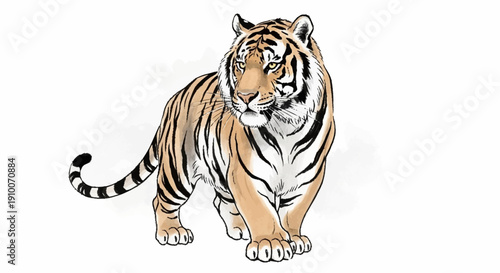 Majestic Bengal Tiger Standing Gracefully on a White Background.