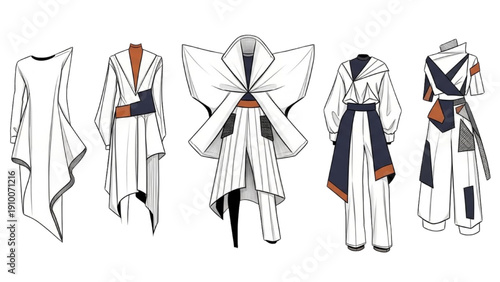 Innovative minimalist fashion apparel designs featuring futuristic aesthetics and unique architectural silhouettes in detailed illustrations