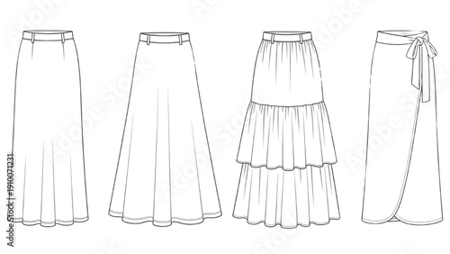 Diverse long skirt fashion illustrations for women, showcasing various silhouettes and design details for apparel