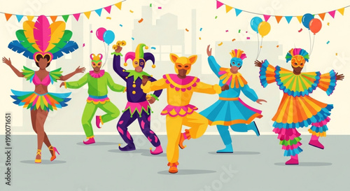Carnival dancers in vibrant costumes celebrating colorful parade illustration for festival and party events festive atmosphere