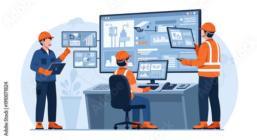 Engineers working in a control room with monitors.