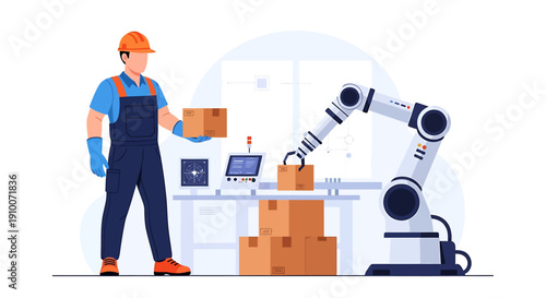 Factory worker and robotic arm assembling products on conveyor belt.