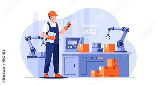 Factory worker inspects automated production line with robotic arms.