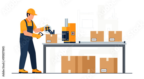 Factory worker operating automated packaging machine for boxes.