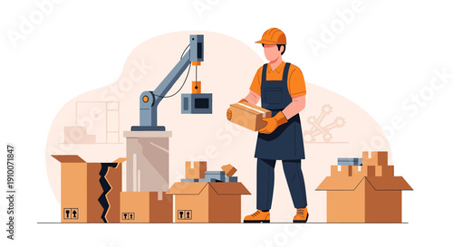 Factory worker and robotic arm with cardboard boxes.