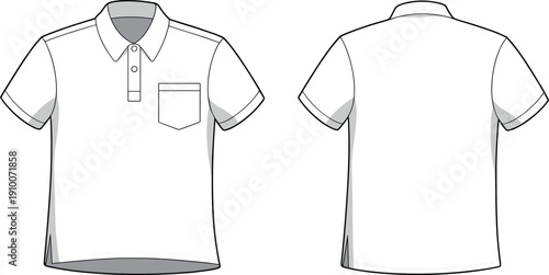 Technical flat sketch of short sleeve polo shirt with chest pocket, front and back views, apparel template for fashion design illustration