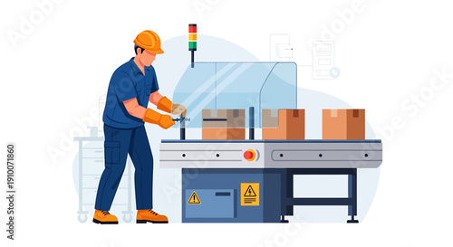 Factory worker operating conveyor belt with boxes.