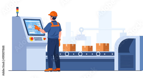 Factory worker operating modern automated production line machinery.
