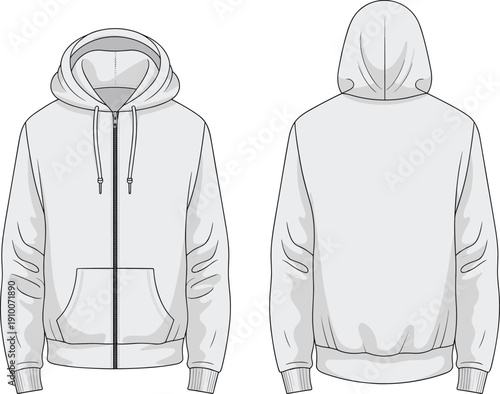 Technical flat sketch of zip up hoodie with drawstring hood and kangaroo pocket, front and back views, apparel template illustration