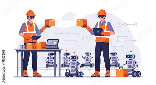 Robots and workers collaborating in a modern warehouse setting.