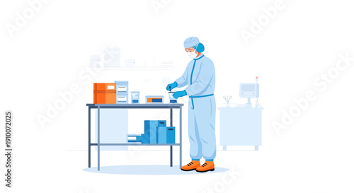 Scientist in protective suit working in laboratory with equipment.