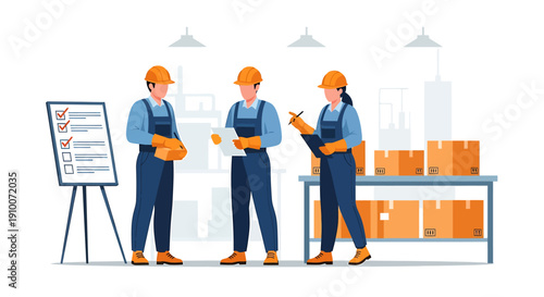 Three construction workers in hard hats and overalls discussing a checklist.