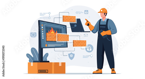 Technician points to computer screen showing network diagram and data flow.