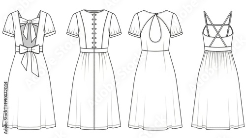Detailed Fashion Sketches Flat Technical Drawings of Various Women's Dress Designs with Different Necklines and Back Details for Apparel Design Reference