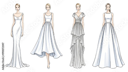 Elegant collection of diverse white wedding dress designs, perfect for bridal fashion concepts and inspiration