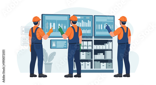 Three workers in overalls analyzing data on screens.