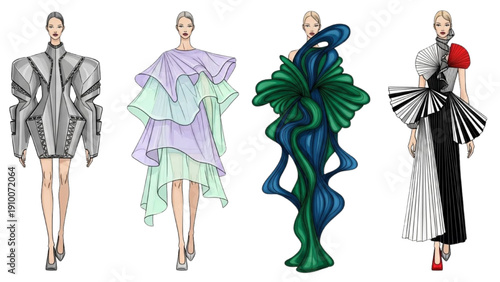 Striking conceptual fashion designs A vibrant showcase of avant-garde apparel and unique silhouettes