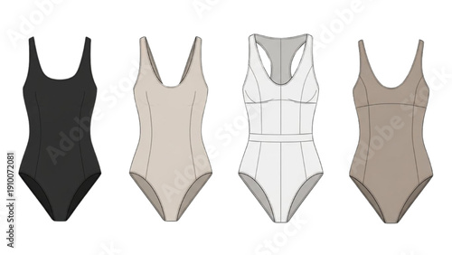 Collection of various modern minimalist one-piece swimwear designs for women, showcasing different contemporary styles and cuts