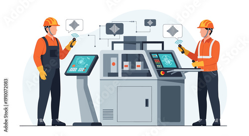 Two engineers operating advanced industrial machinery with digital interfaces.