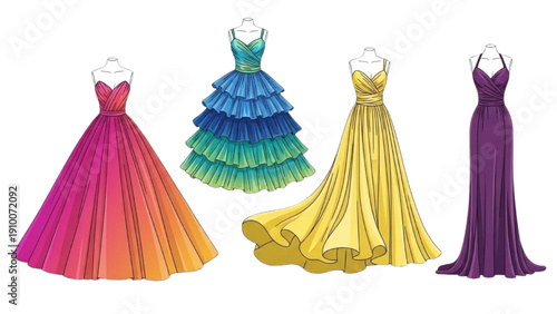 A stunning collection of vibrant and elegant evening gowns showcasing diverse styles and colorful designs perfect for formal occasions