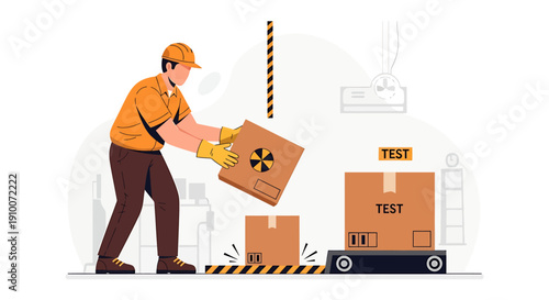 Warehouse worker handling radioactive material box for transport.