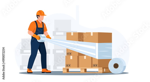 Warehouse worker wrapping boxes with plastic film for shipping.