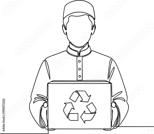 Continuous line drawing of a man in traditional attire holding a recycling box for inclusive sustainability and community