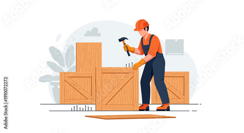 Worker assembling wooden crates for shipping and logistics.