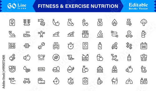 Fitness And Exercise Nutrition Professional Line Icon Set – Modern Minimal Outline Icons Featuring Gym, Diet, Weights, Training, Health, Wellness, and Lifestyle