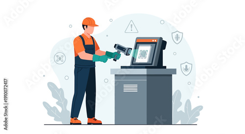 Worker scanning barcode at checkout counter with computer screen.