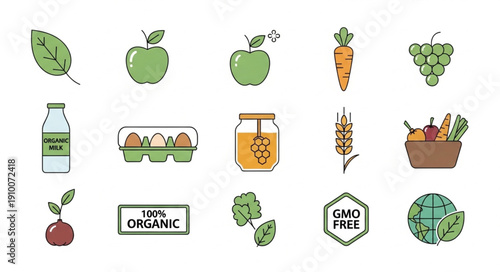 Collection of organic food and healthy ingredients icons.