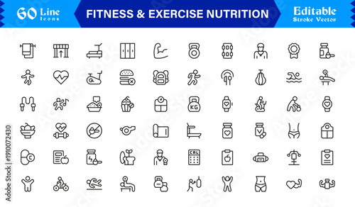 Fitness And Exercise Nutrition Professional Line Icon Set – Modern Minimal Outline Icons Featuring Gym, Diet, Weights, Training, Health, Wellness, and Lifestyle