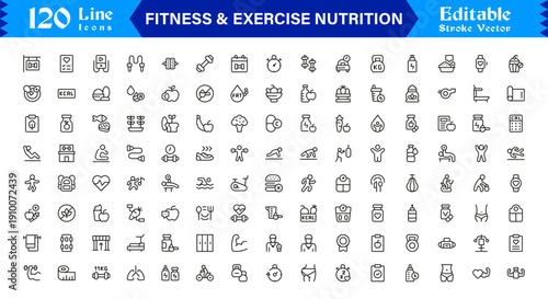 Fitness And Exercise Nutrition Professional Line Icon Set – Modern Minimal Outline Icons Featuring Gym, Diet, Weights, Training, Health, Wellness, and Lifestyle
