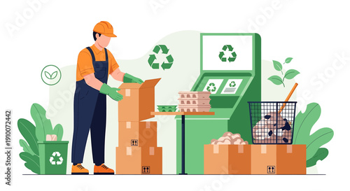 Worker sorting recyclables at a recycling station.