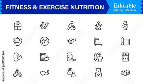 Fitness And Exercise Nutrition Professional Line Icon Set – Modern Minimal Outline Icons Featuring Gym, Diet, Weights, Training, Health, Wellness, and Lifestyle