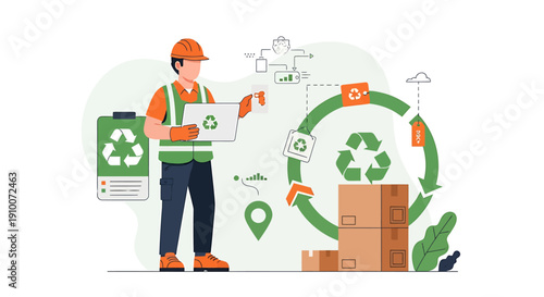 Worker with Recycling Symbol and Boxes Illustrating Sustainability.