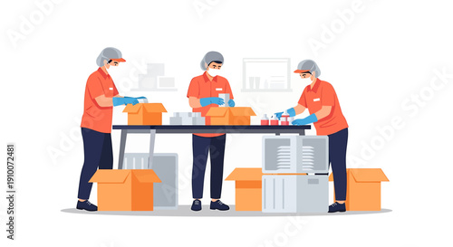 Workers in Masks and Gloves Packing Boxes at a Table.