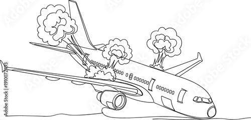 Continuous line drawing of a passenger airplane crashing with smoke and fire for aviation safety emergency training