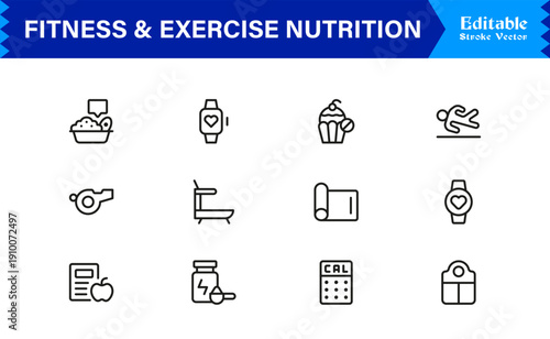 Fitness And Exercise Nutrition Professional Line Icon Set – Modern Minimal Outline Icons Featuring Gym, Diet, Weights, Training, Health, Wellness, and Lifestyle