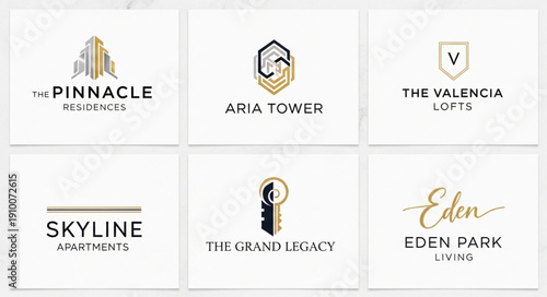 Collection of Modern Real Estate Company Logos with Gold Accents.