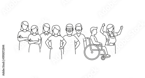 Diverse group of people standing together with one person in a wheelchair.